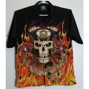 Rockhouse Roadhouse Lost Angeles Skulls Flames Biker Short Sleeve Shirt Black L